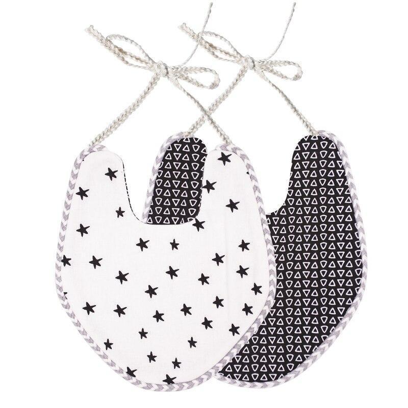 Infant bandana bib set with white star print front and navy geometric back