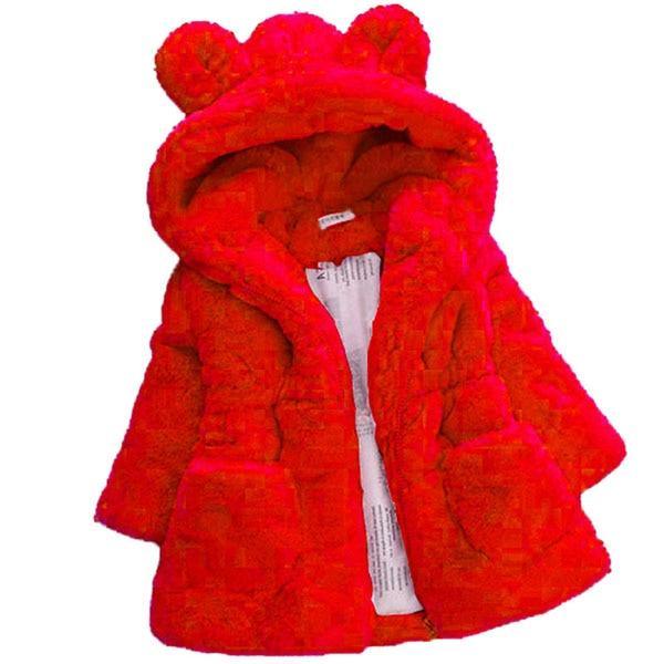 Red hooded faux-fur jacket for kids with bear-ear hood and zip front, warm plush build
