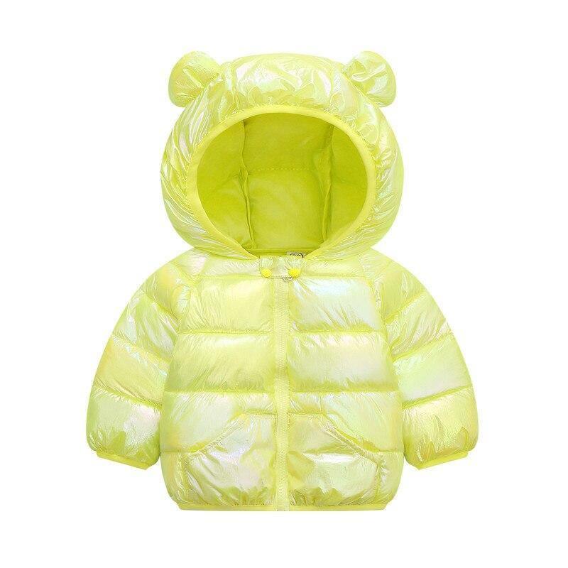 Light yellow-green shiny hooded puffer coat for toddlers, zip front