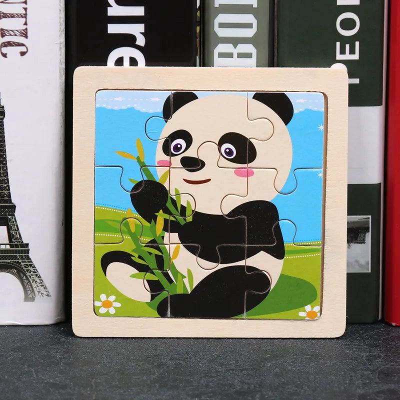 Kids wooden tangram jigsaw puzzle with cartoon panda face in wooden frame