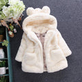 Cream hooded plush jacket with bear-ear hood detail and full front zipper