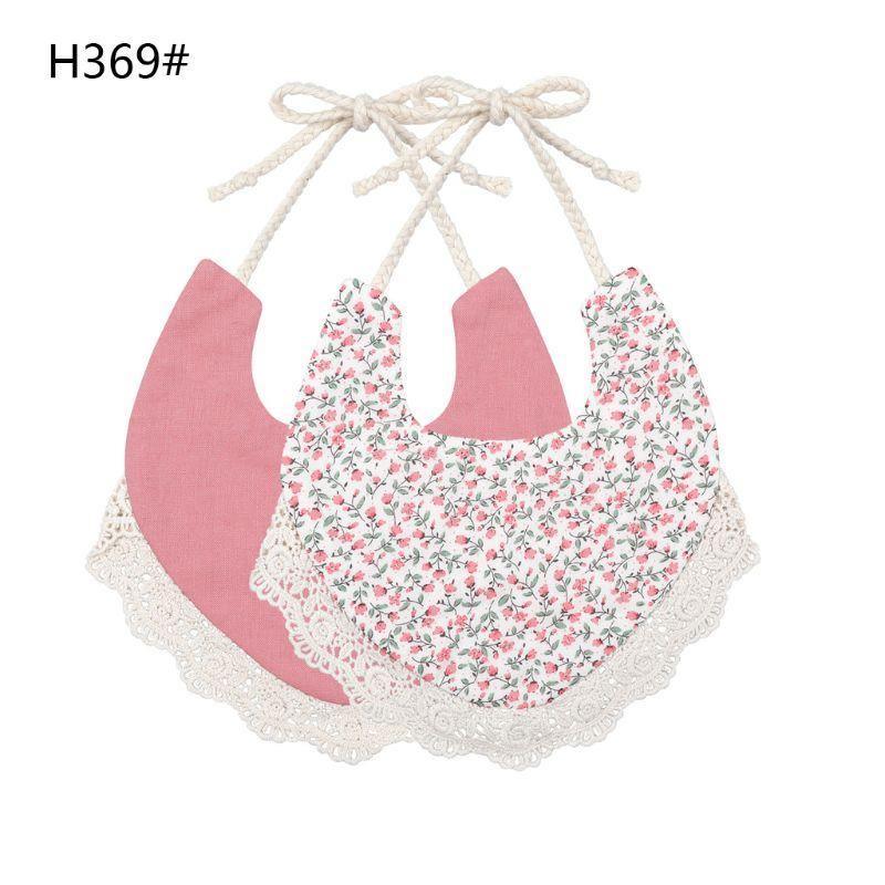 Infant bib set with rose pink, floral print, and lace-trimmed scalloped hem