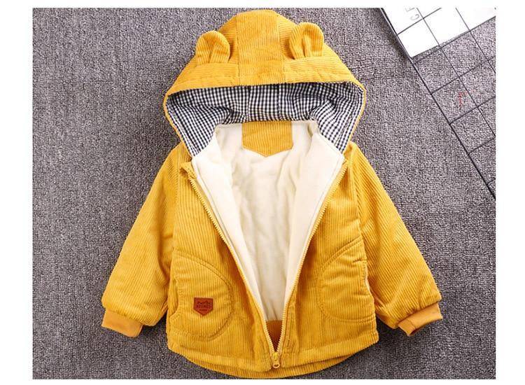Infant yellow hooded jacket with bear-ear hood and white-lined hood interior
