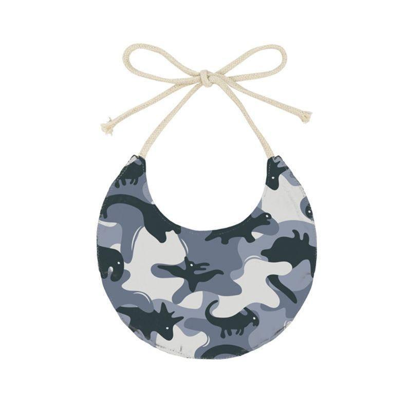 Infant bib with navy and gray camouflage print and string neck ties