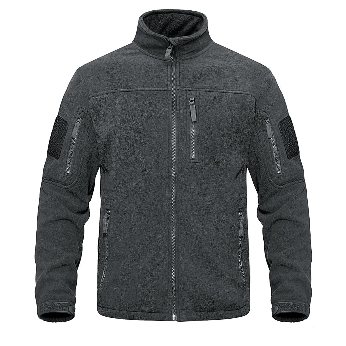 Dark gray full-zip fleece jacket with stand collar and chest zipper pocket