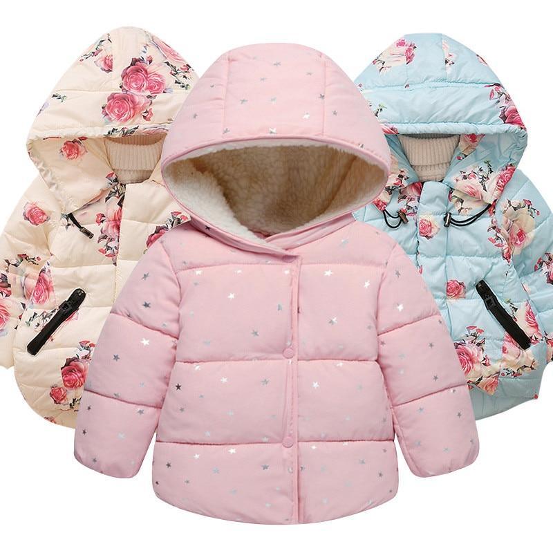 Pink hooded padded baby jacket with star print, full front zipper and ribbed cuffs