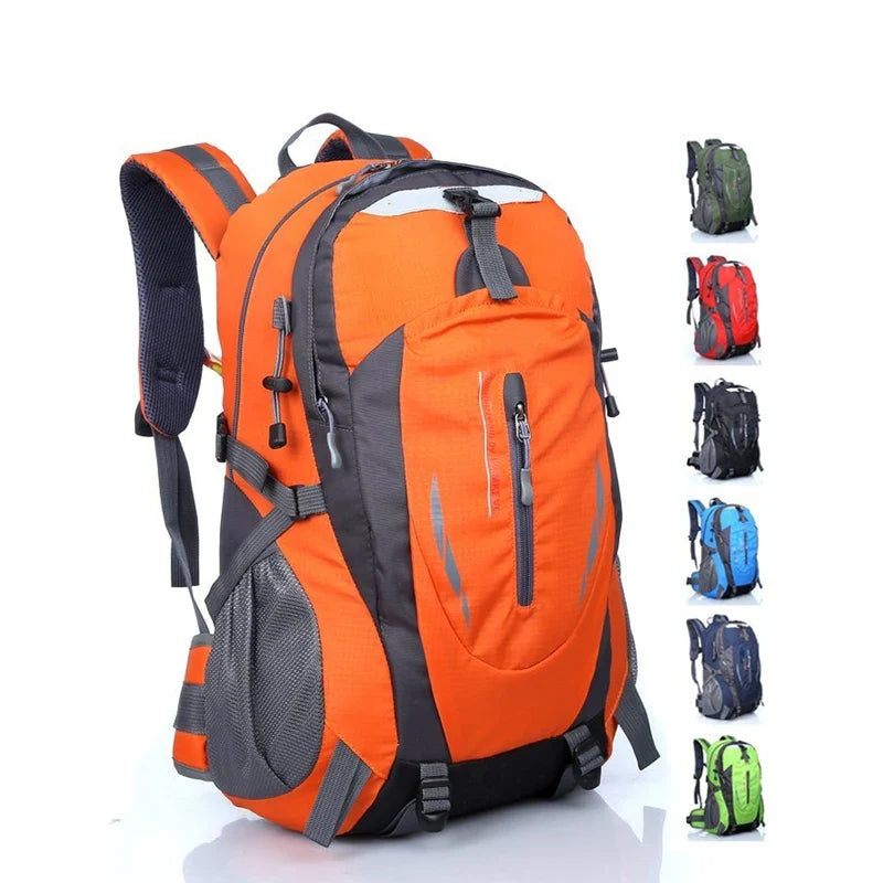 Water-resistant hiking backpack in orange and dark gray with front zip pockets and padded straps