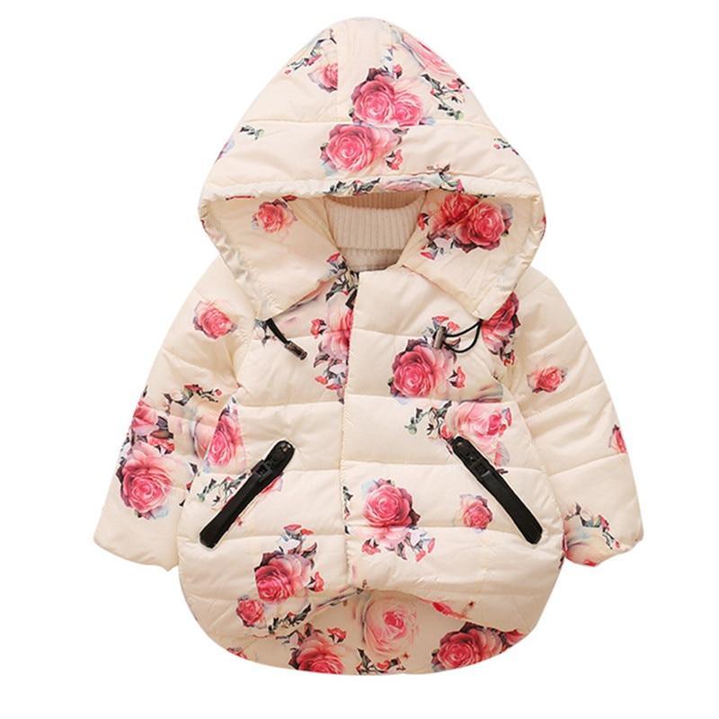 Beige hooded padded baby jacket with pink rose print, front zipper and ribbed inner lining