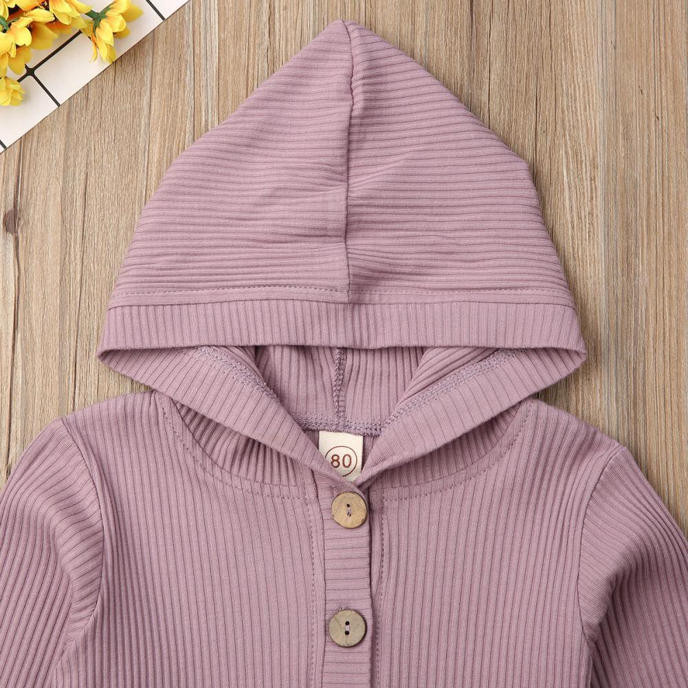 Infant hooded knit jacket close-up, light purple, button placket, ribbed hood