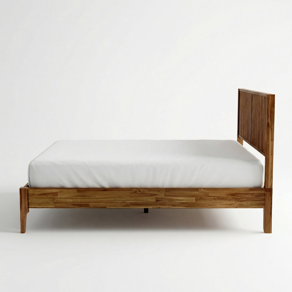Light wood solid bed frame with slatted platform, flat headboard panel, sturdy posts