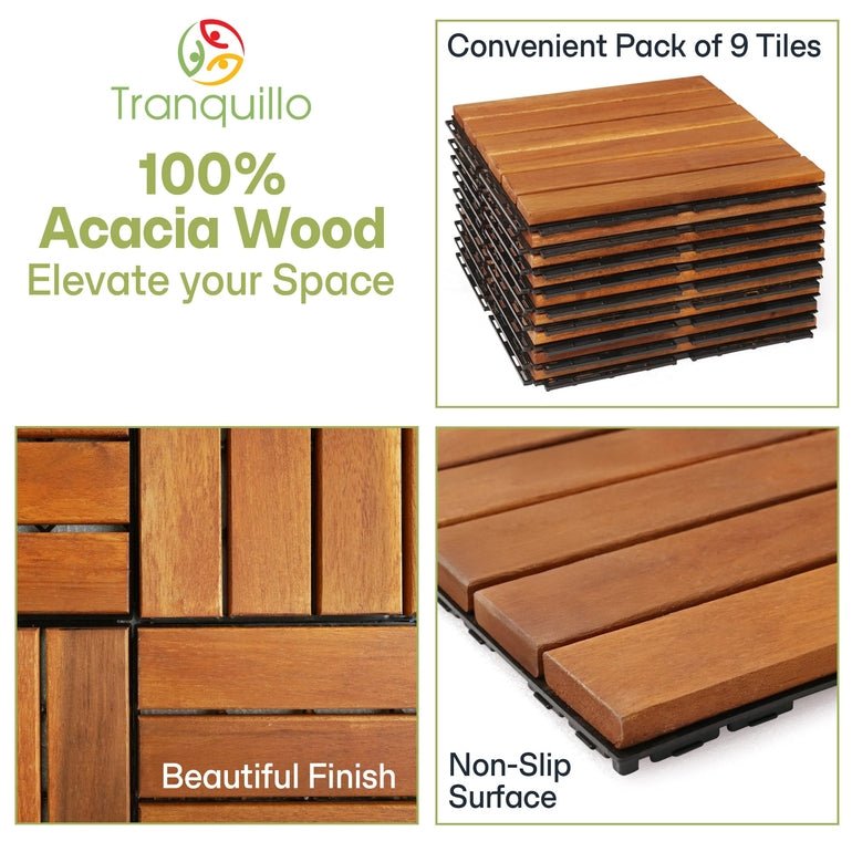 Stacked wood deck tiles with 6-slat pattern and black interlocking base, 9-pack