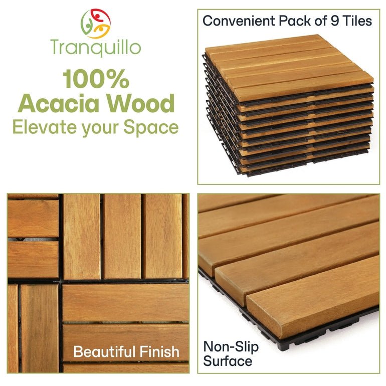 Stacked tan acacia wood deck tiles set of 9 with smooth non-slip top surface