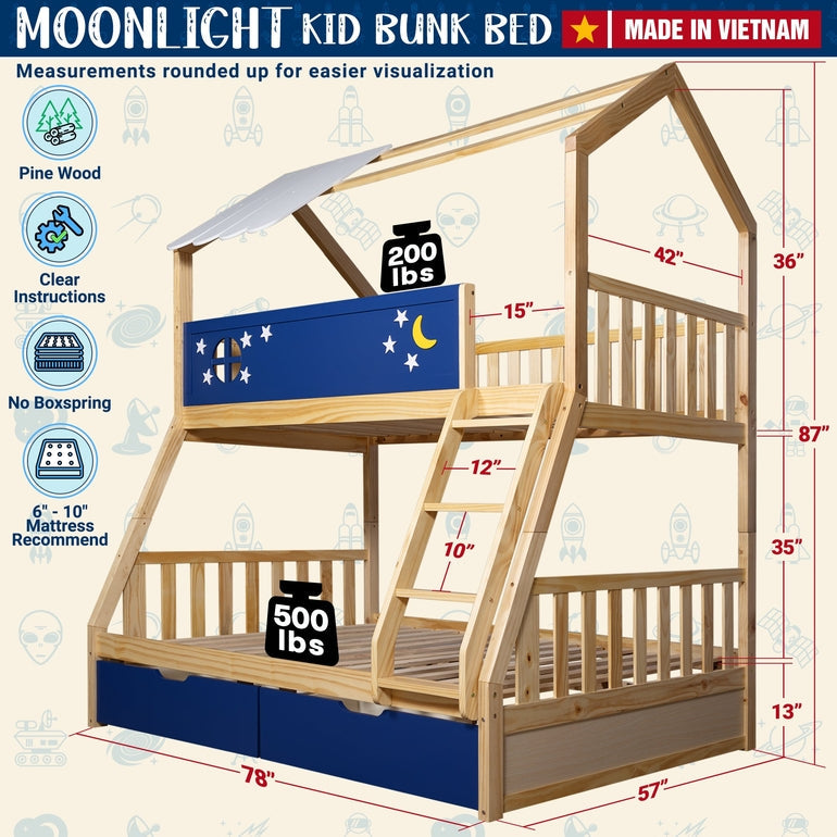 Kids bunk bed with natural pine frame and navy front panel with star and crescent motif