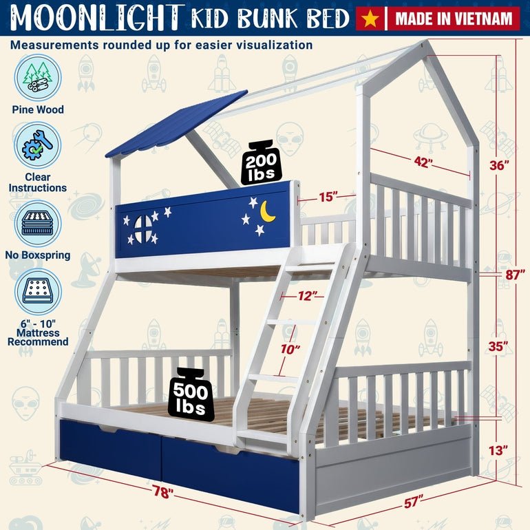 White bunk bed with navy star-and-moon full-length side rail and built-in ladder