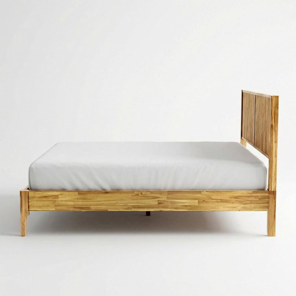 Solid wood bed frame with horizontal rail base and squared vertical end posts