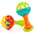 Colorful plastic baby hand bell rattle toy with grasping ball and ring