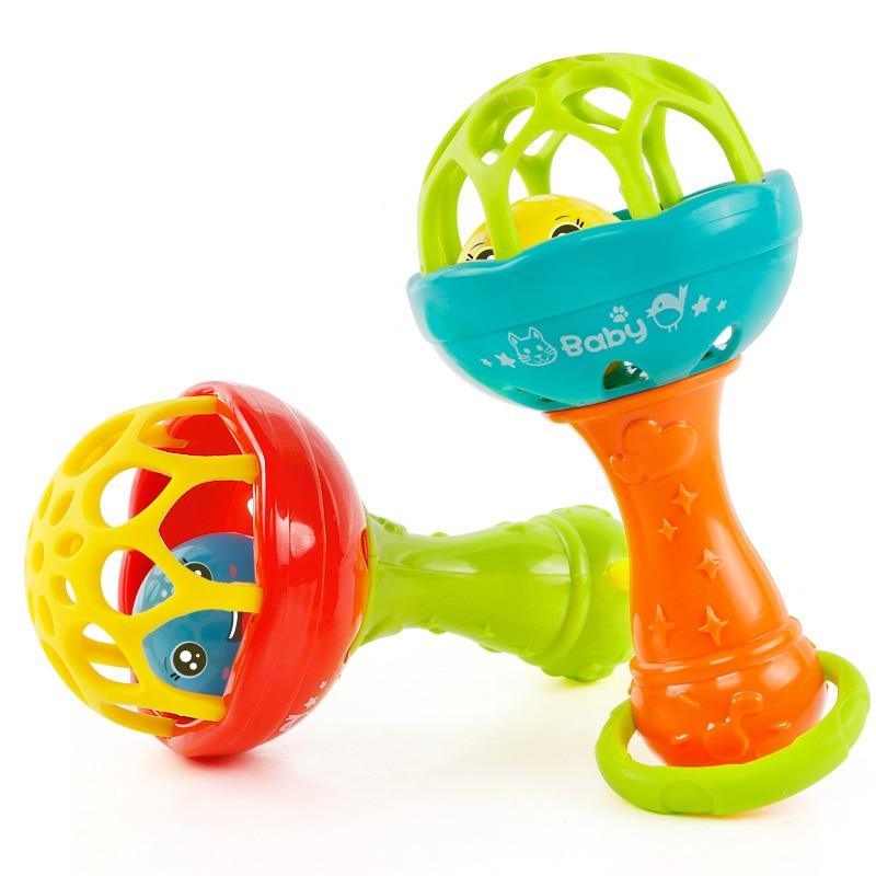 Baby plastic hand bell rattle with teal bowl and orange handle