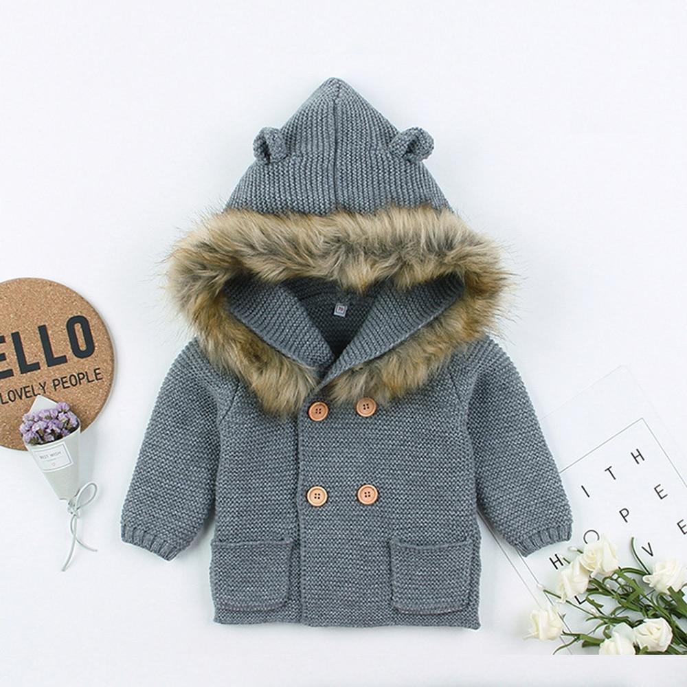 Heather gray knit hooded baby jacket with faux fur trim and button front