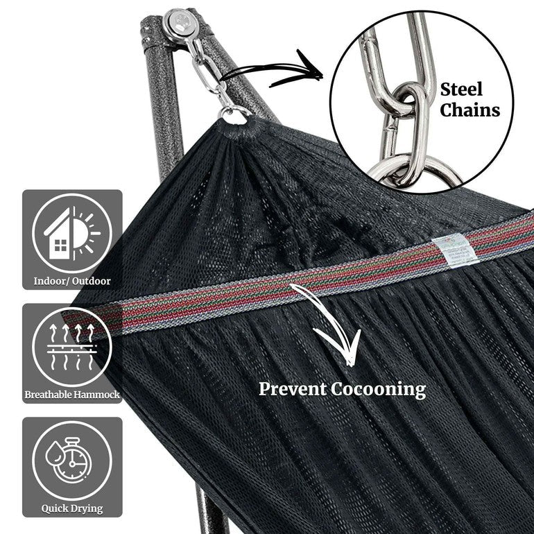 Black hammock fabric with metal steel chains on a stand for hammock support