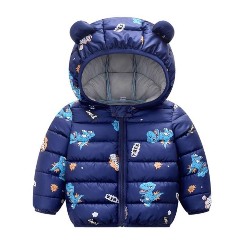 Infant navy padded hooded jacket with dinosaur print, zip-front