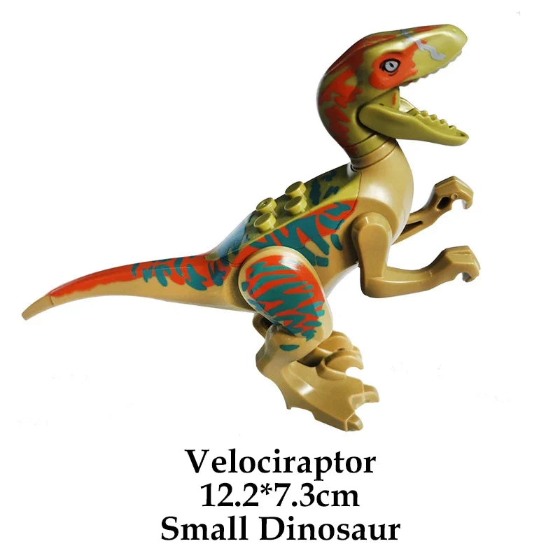 Multicolor Velociraptor brick dinosaur figure, side view with wide open mouth
