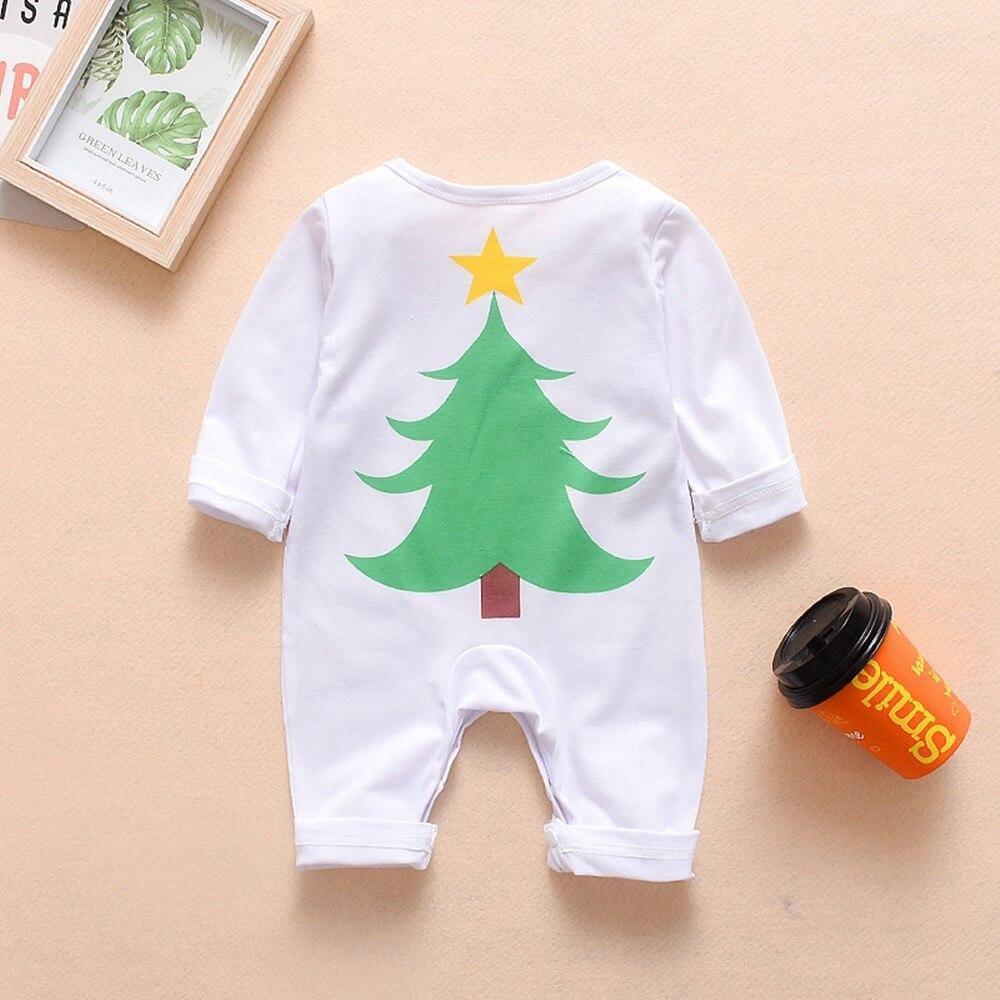 Long-sleeve baby romper in white with green Christmas tree and star graphic