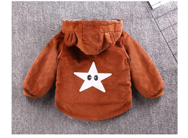 Infant hooded jacket in brown corduroy with white star graphic