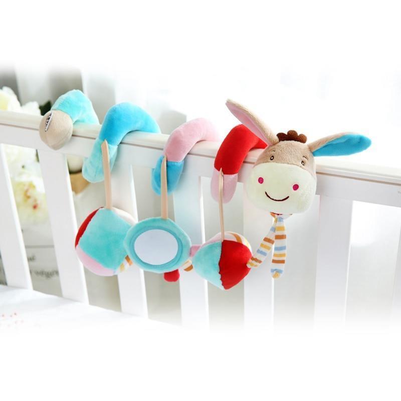 Baby crib hanging rattle toy set with multicolor plush animals and rings