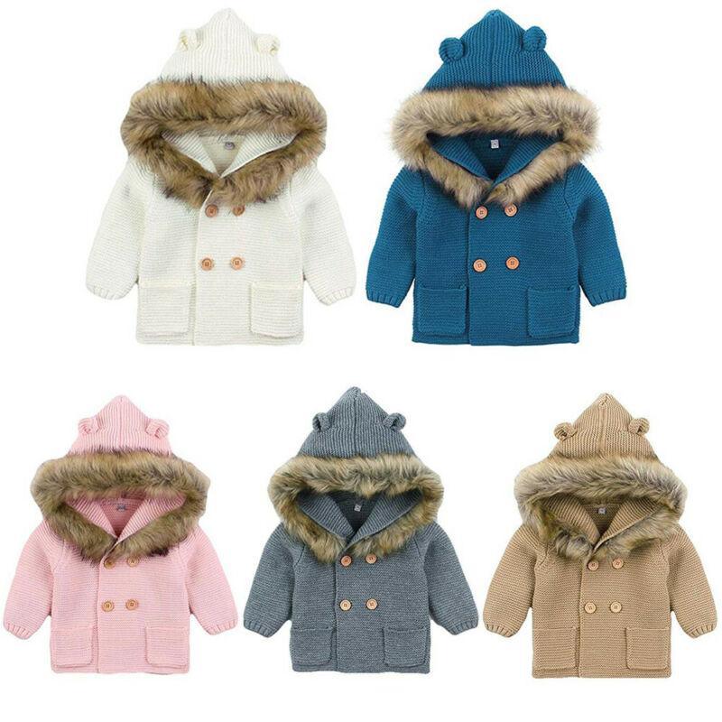 Set of knit hooded baby jackets in white, blue, pink, gray, and tan