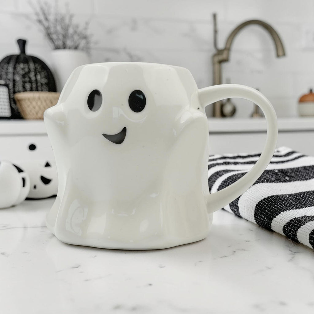 White ghost-shaped mug with black eyes and a smiling face