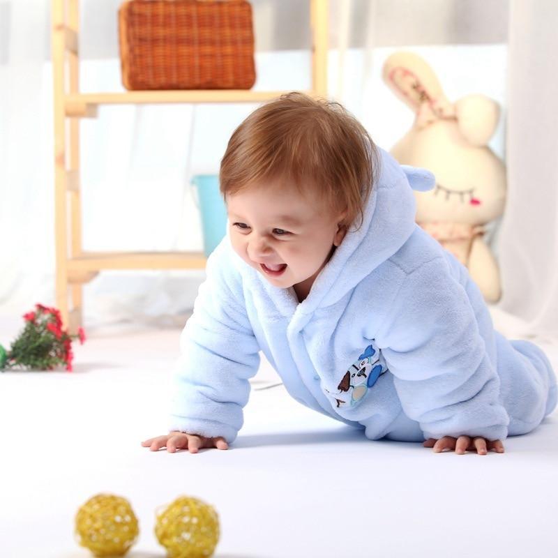 Light blue hooded plush bear romper, front bear patch and footed legs