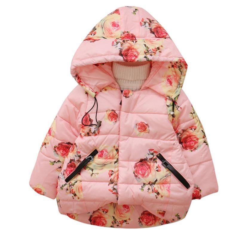 Pink hooded padded baby jacket with rose floral print, zip front and warm hood lining
