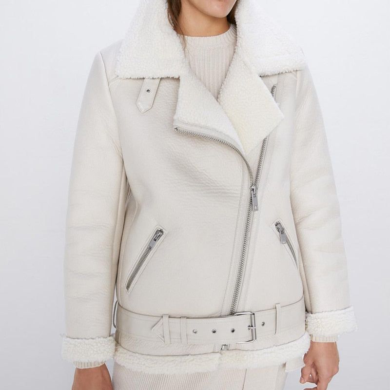 Cream faux lamb leather moto jacket worn with front zip and shearling-trim collar