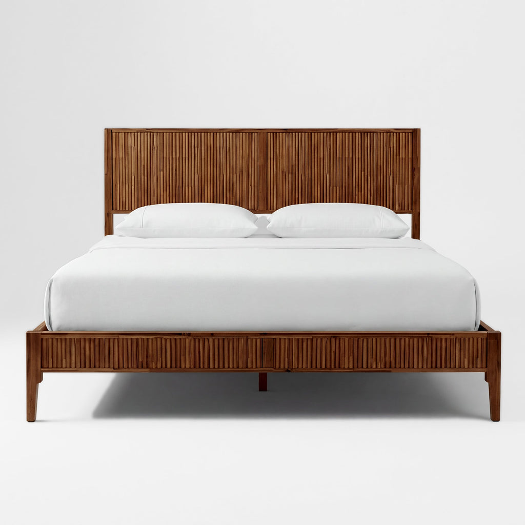 Walnut-toned solid wood bed frame with vertical slat headboard and footboard