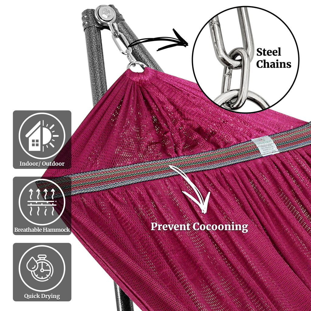 Maroon hammock fabric with steel chains and reinforced edge detail.