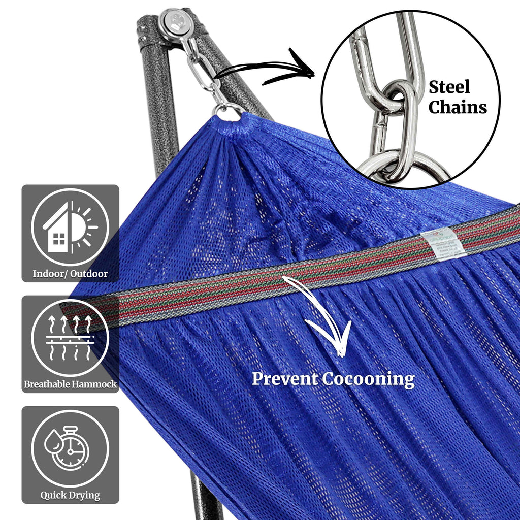 Universal hammock with medium stands, blue fabric with steel chain hardware, close-up