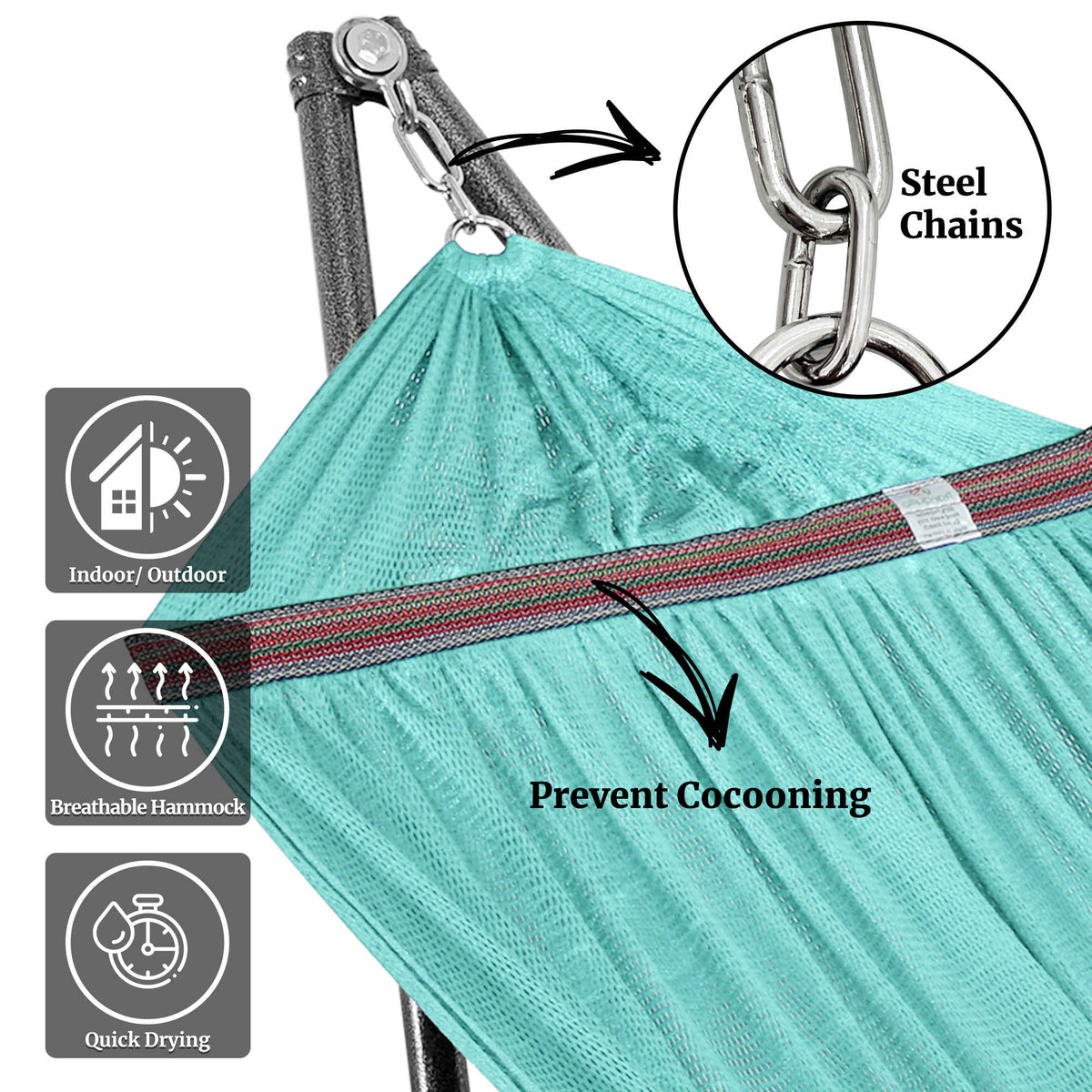 Teal hammock with steel chain connections to a black stand for indoor or outdoor use