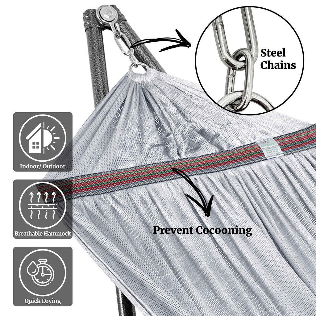 Light gray hammock fabric with steel chain and carabiner-style hanging hook