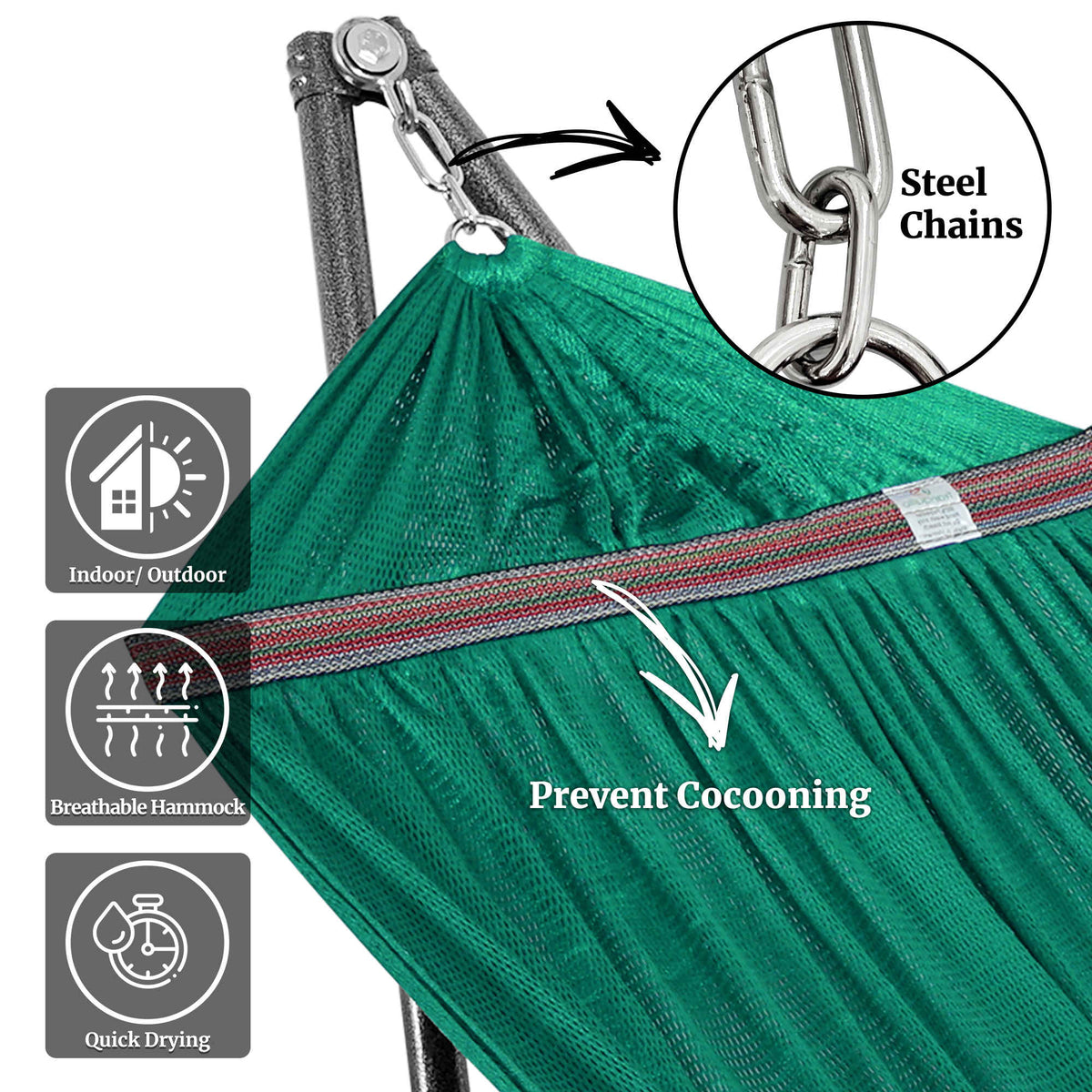 Teal hammock fabric with black steel chains and secure hanging hardware