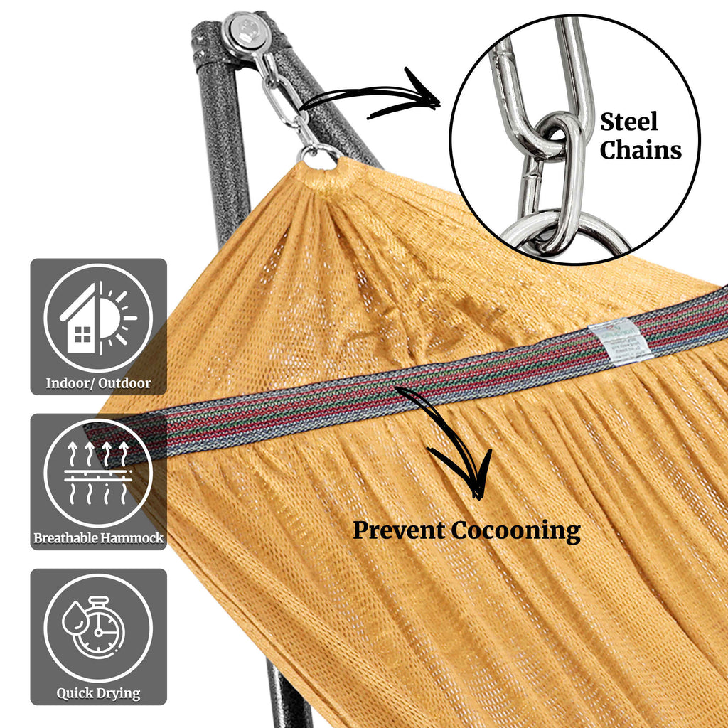 Orange hammock with black steel chains on hammock stand, close-up detail