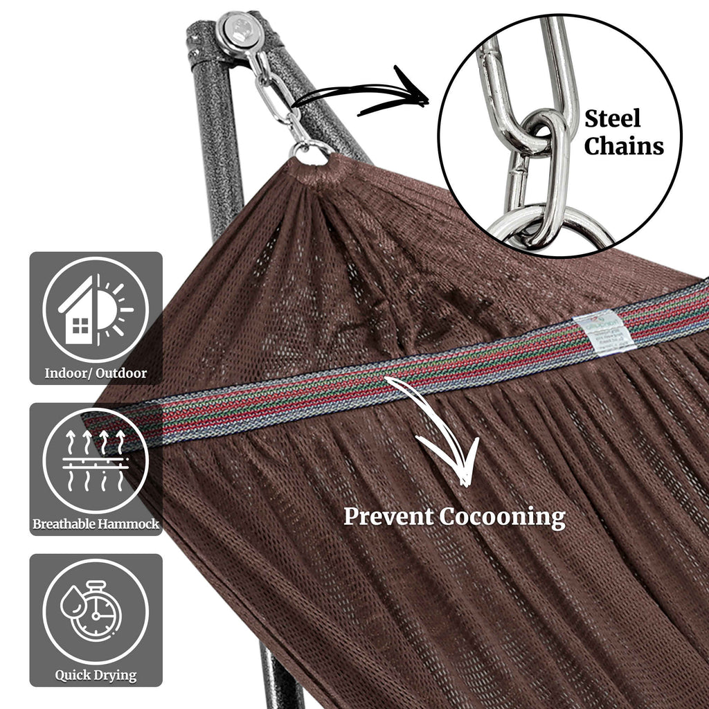 Brown hammock with medium stands, fabric close-up with steel chain hardware