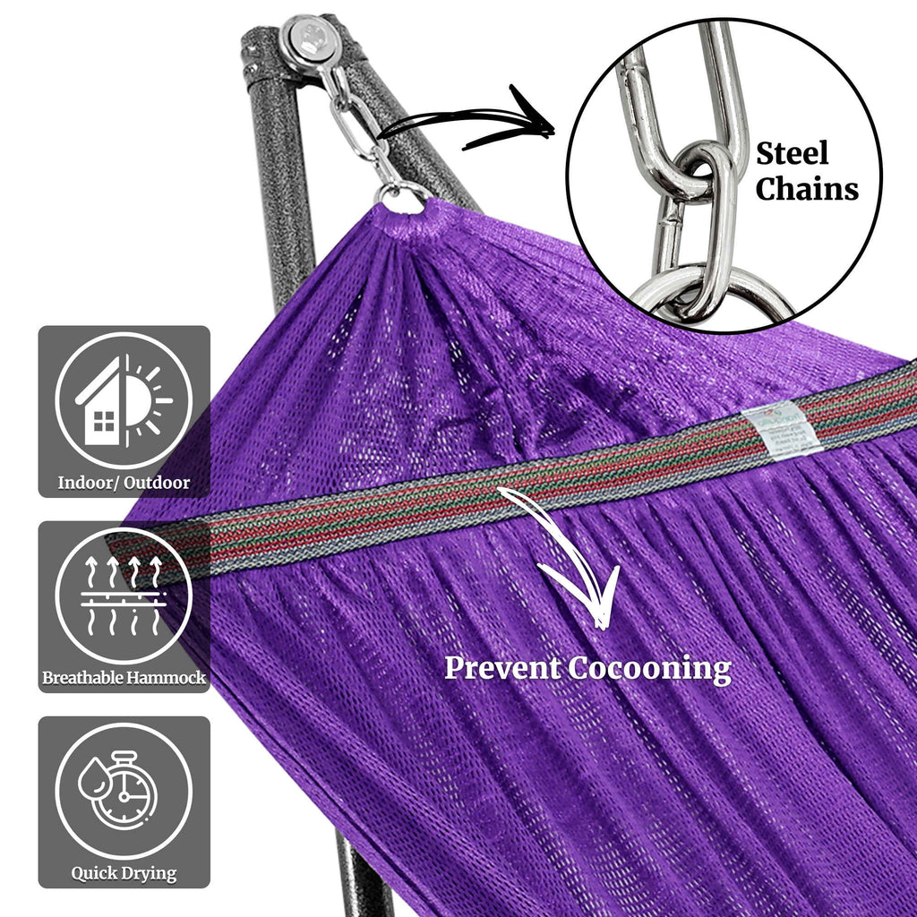 Purple hammock fabric with steel chains and woven support strap detail