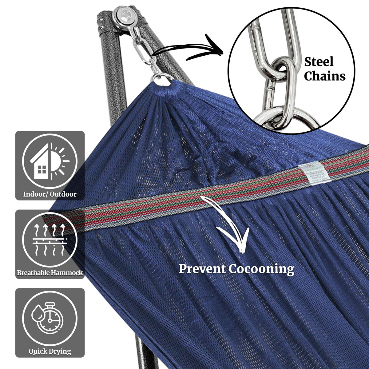Blue hammock fabric with steel chain hardware and reinforced edge