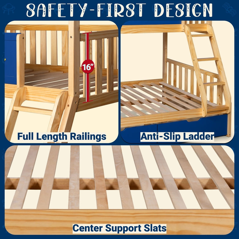 Kids bunk bed details: full-length guard rails, anti-slip ladder, and center support slats