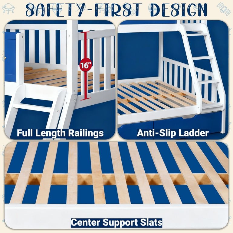 White bunk bed with full-length guard rails, anti-slip ladder, and navy platform