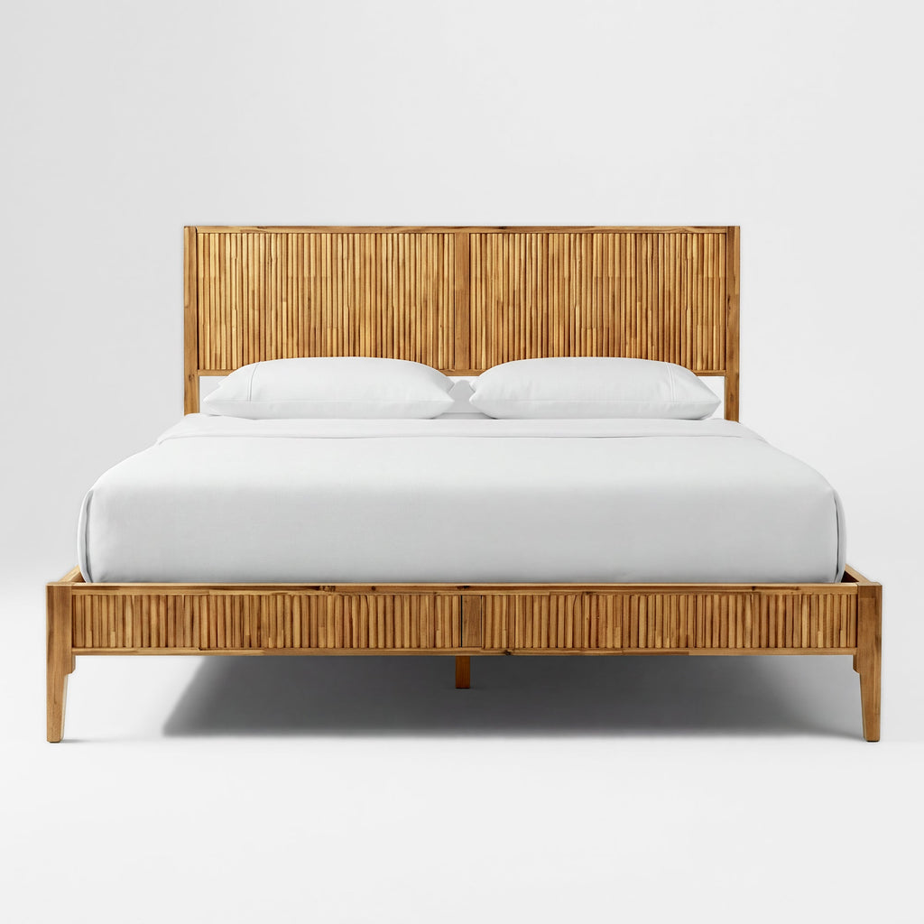 Solid wood bed frame with vertical slat headboard and platform base