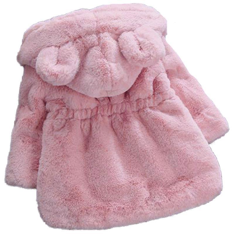 Pale pink plush hooded coat for kids with bear-ear hood, front zip, gathered detail