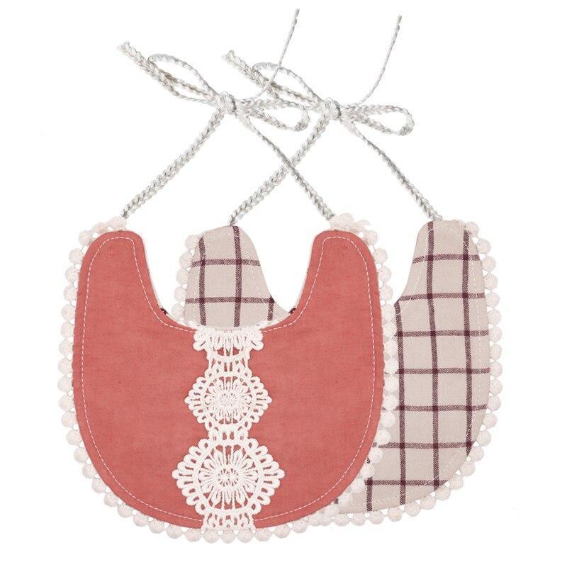 Infant bandana bib set with terracotta red front, lace trim, plaid back