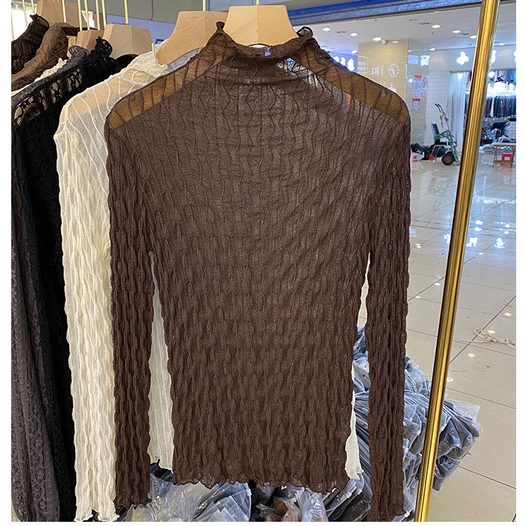Brown lace mesh high-collar long-sleeve fitted top with wavy textured fabric