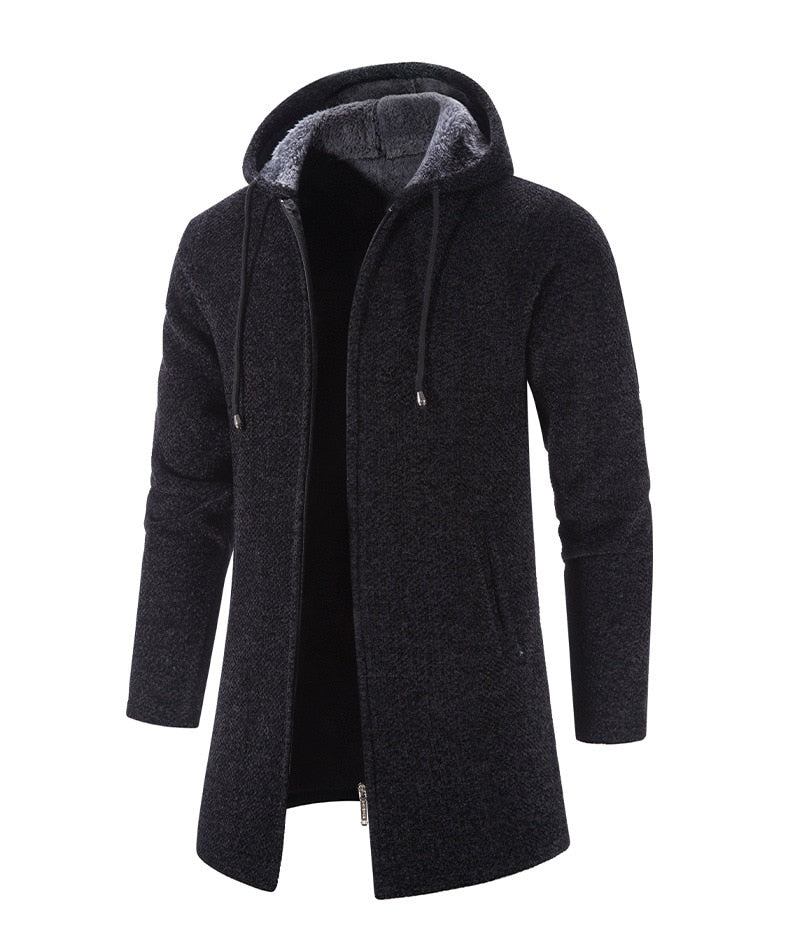 Men's hooded zip-front cardigan coat, dark textured knit, drawstring hem pockets